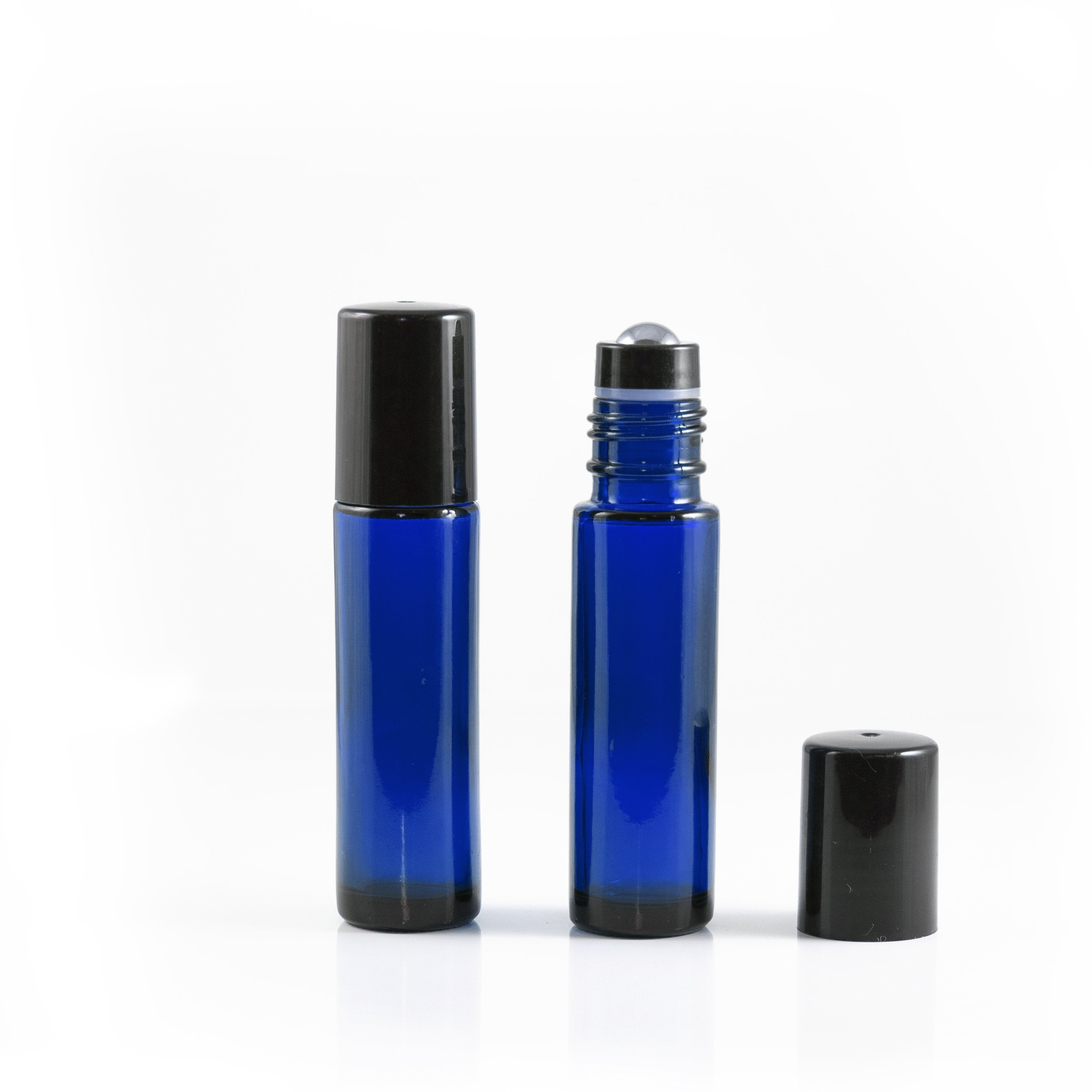 10 ml-es (5 darab) kék színű Roll-on, görgős üveghengerek, fekete kupakokkal és prémium rozsdamentes acélgolyókkal  (új stílus)