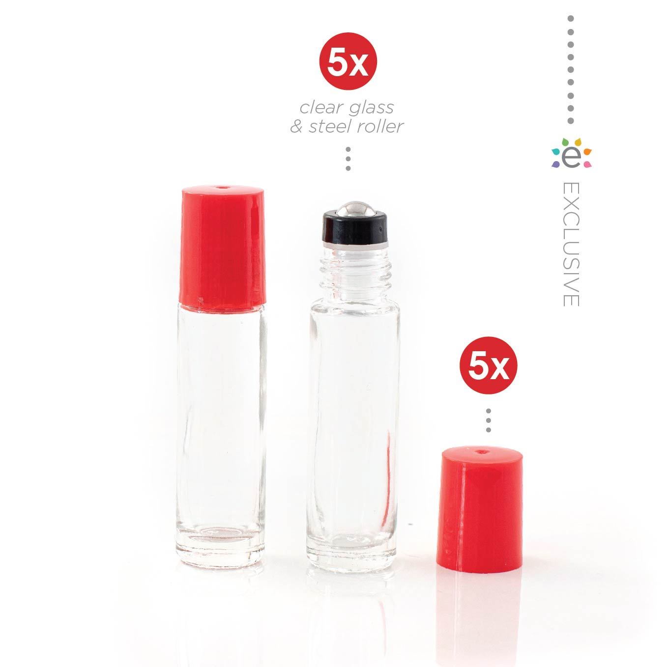 10 ml-es (5 darab) átlátszó Roll-on, görgős üveghengerek ,Rúzsos csók (piros) kupakokkal és prémium rozsdamentes acélgolyókkal