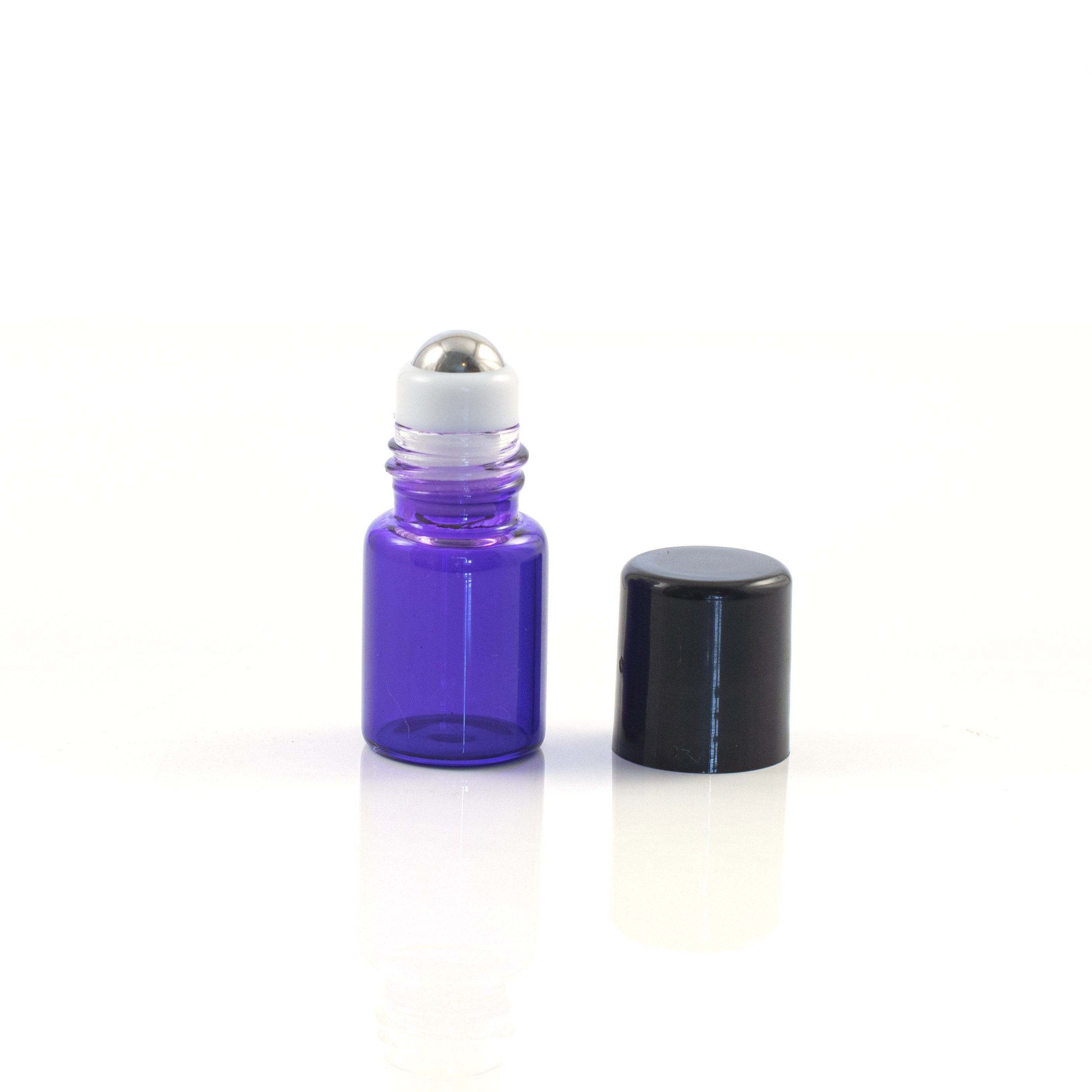 2 ml-es (5 darab) lila színű görgős, Roll-on üvegcsék, rozsdamentes acélgolyókkal és fekete kupakokkal