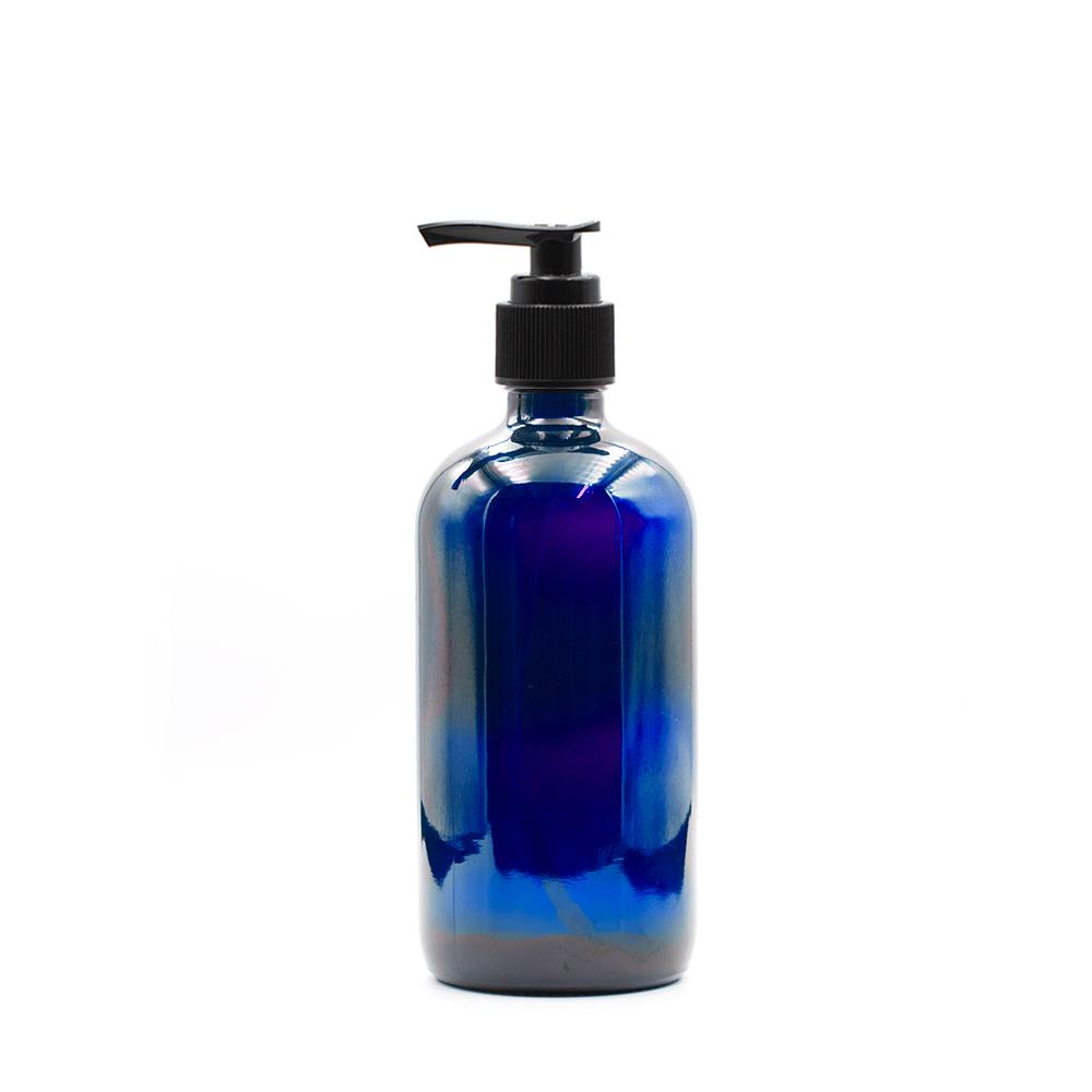 240 ml-es kék színű üveg, pumpás nyomófejjel