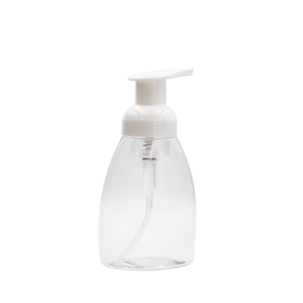 250 ml-es átlátszó, harang alakú műanyag palack, fehér habzó pumpás adagolóval