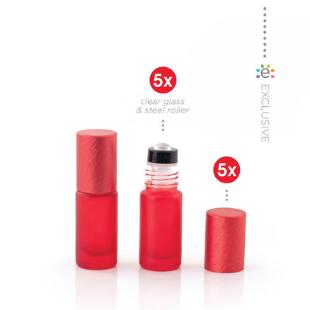 5 ml-es (5 darab) Deluxe piros matt Roll-on üvegpalack, metál piros fémkupakkal és prémium görgőkkel