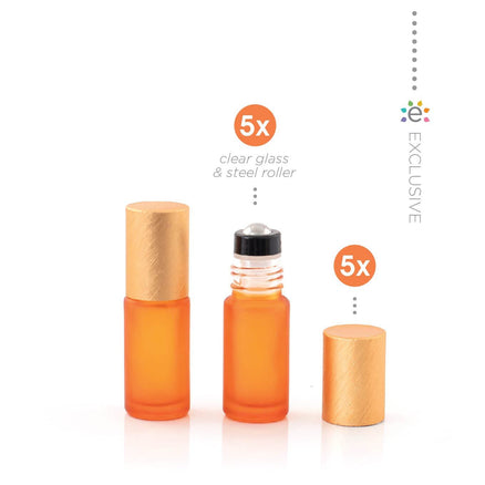 5 ml-es (5 darab) Deluxe narancssárga matt Roll-on üvegpalack, metál narancssárga fémkupakkal és prémium görgőkkel