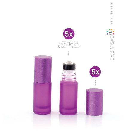 5 ml-es (5 darab) Deluxe lila matt Roll-on üvegpalack, metál lila fémkupakkal és prémium görgőkkel