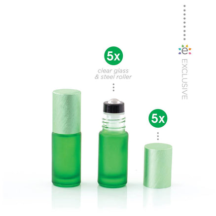 5 ml-es (5 darab) Deluxe zöld matt Roll-on üvegpalack, metál zöld fémkupakkal és prémium görgőkkel