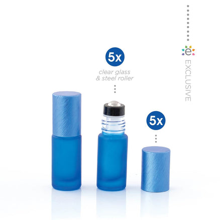 5 ml-es (5 darab) Deluxe kék matt Roll-on üvegpalack, metál kék fémkupakkal és prémium görgőkkel