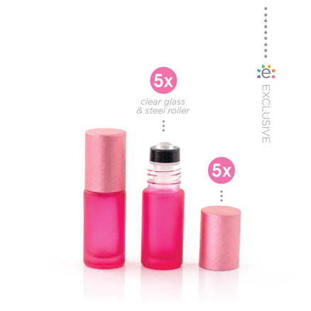 5 ml-es (5 darab) Deluxe pink matt Roll-on üvegpalack, metál rózsaszín fémkupakkal és prémium görgőkkel