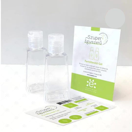 30 ml-es (2 darab) átlátszó műanyag palack,(DIY készlet fertőtlenítő gél készítéséhez)-magyar nyelvű recepttel és matricával