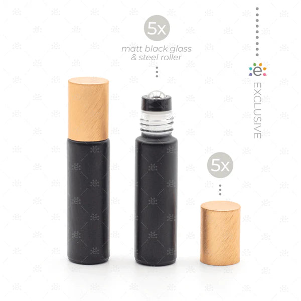 10 ml-es (5 db) Deluxe fekete, matt Roll-on üvegpalack, narancssárga fémkupakkal és prémium görgőkkel