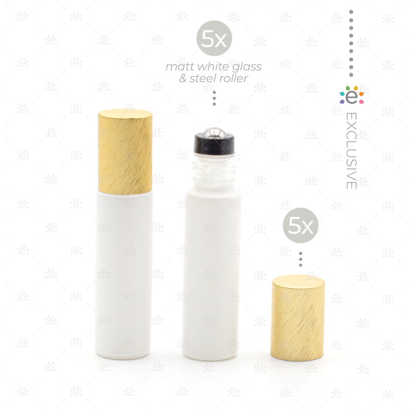 10 ml-es Deluxe matt fehér Roll-on üvegpalack sárga fémkupakkal és prémium görgőkkel (5 db) üveg