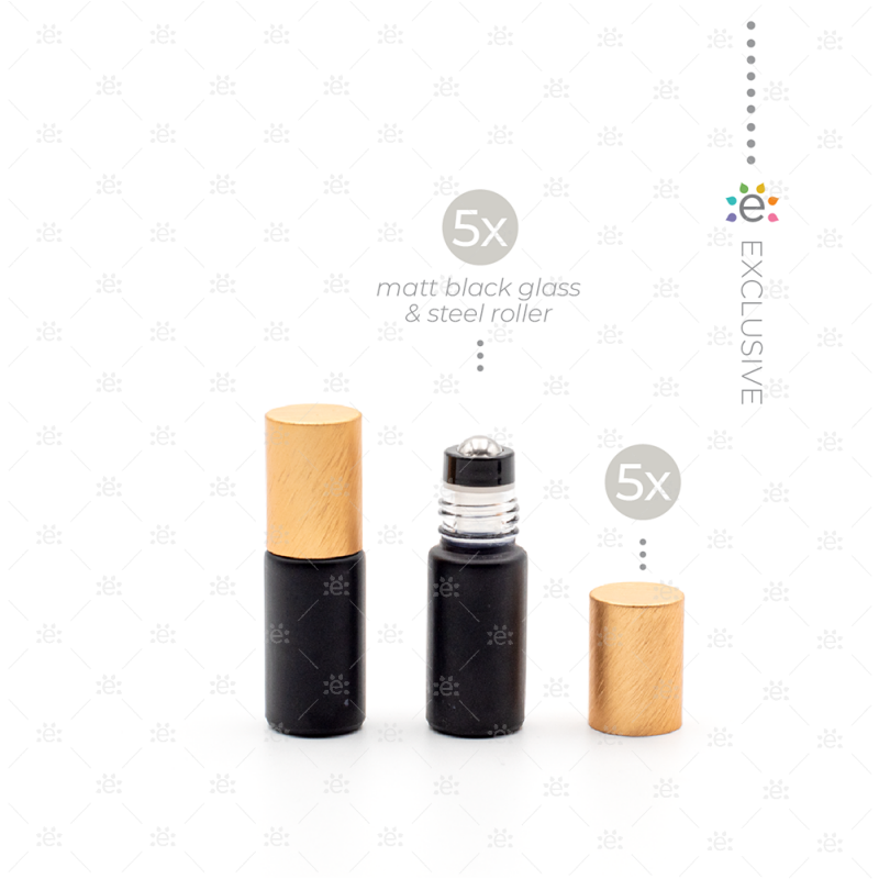 5 ml-es Deluxe matt fekete Roll-on üvegpalack narancssárga fémkupakkal és prémium görgőkkel (5 db) üveg