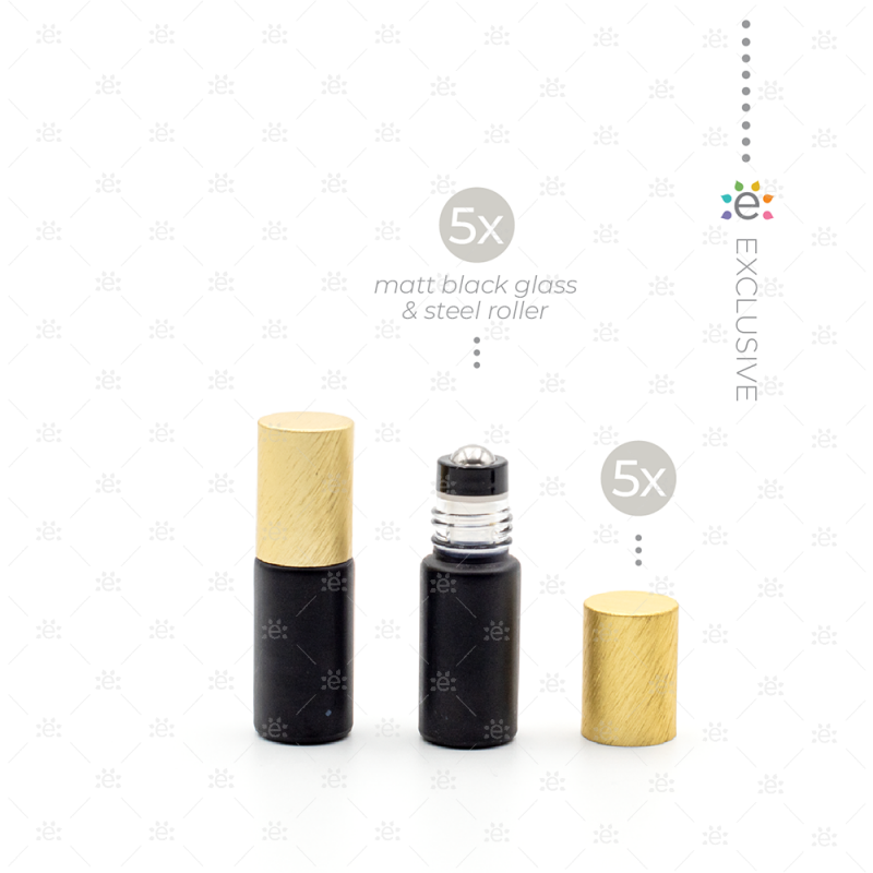 5 ml-es Deluxe matt fekete Roll-on üvegpalack sárga fémkupakkal és prémium görgőkkel (5 db) üveg


