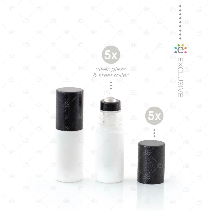 5 ml-es Deluxe matt fehér Roll-on üvegpalack fekete fémkupakkal és prémium görgőkkel (5 db) üveg
