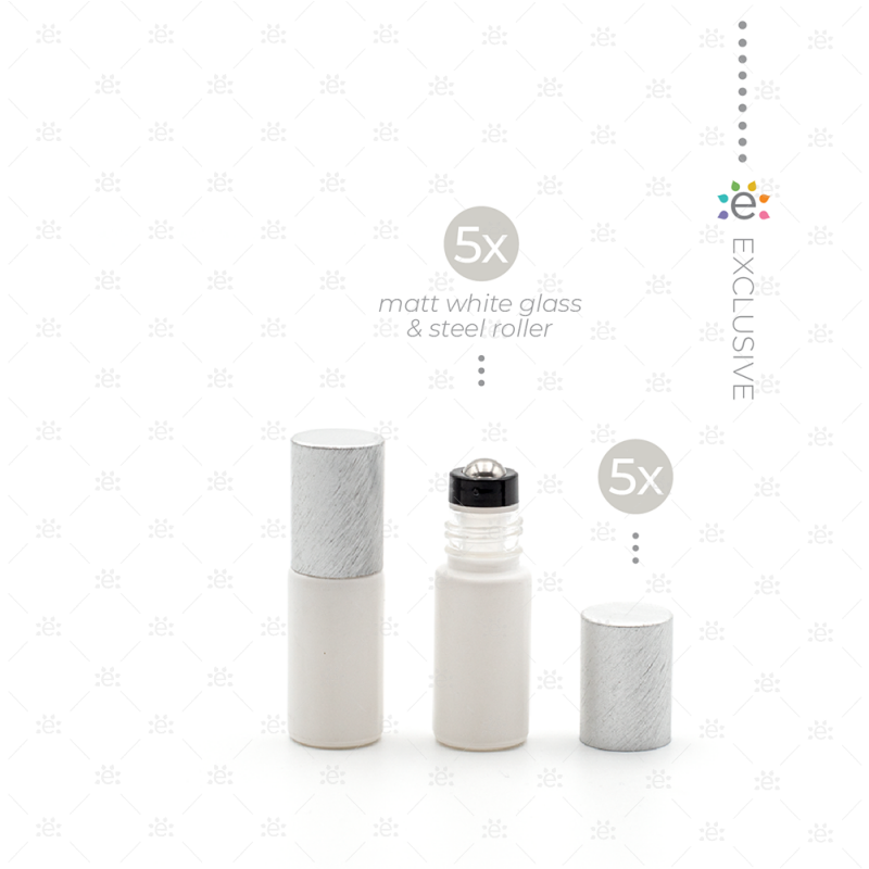 5 ml-es Deluxe matt fehér Roll-on üvegpalack szürke fémkupakkal és prémium görgőkkel (5 db) üveg