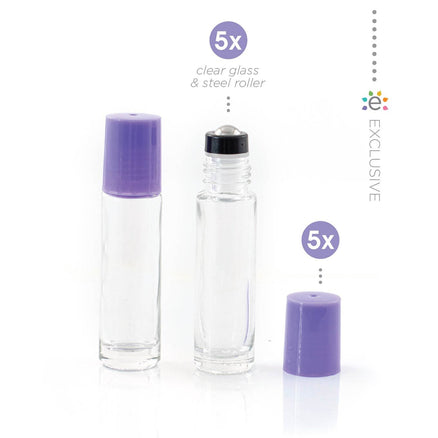 10 ml-es (5 darab) átlátszó Roll-on, görgős üveghengerek Ametiszt (lila) kupakokkal és prémium rozsdamentes acélgolyókkal (ÚJ STÍLUS)