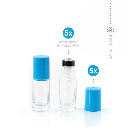 5 ml-es (5 darab) átlátszó üveghenger Űrhajós (Kék) kupakokkal és prémium rozsdamentes acélgolyókkal (ÚJ STÍLUS)