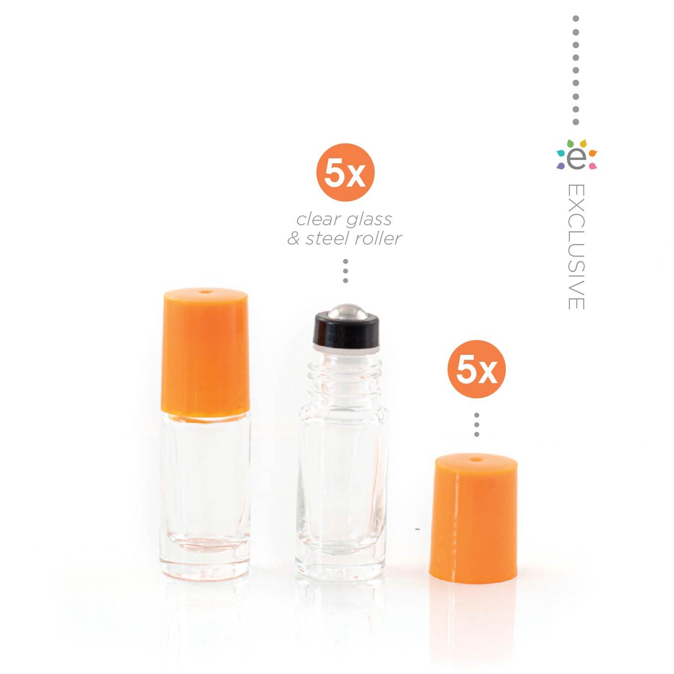 5 ml-es (5 darab) átlátszó üveghenger Mandarin (Narancssárga) kupakokkal és prémium rozsdamentes acélgolyókkal  (ÚJ STÍLUS)