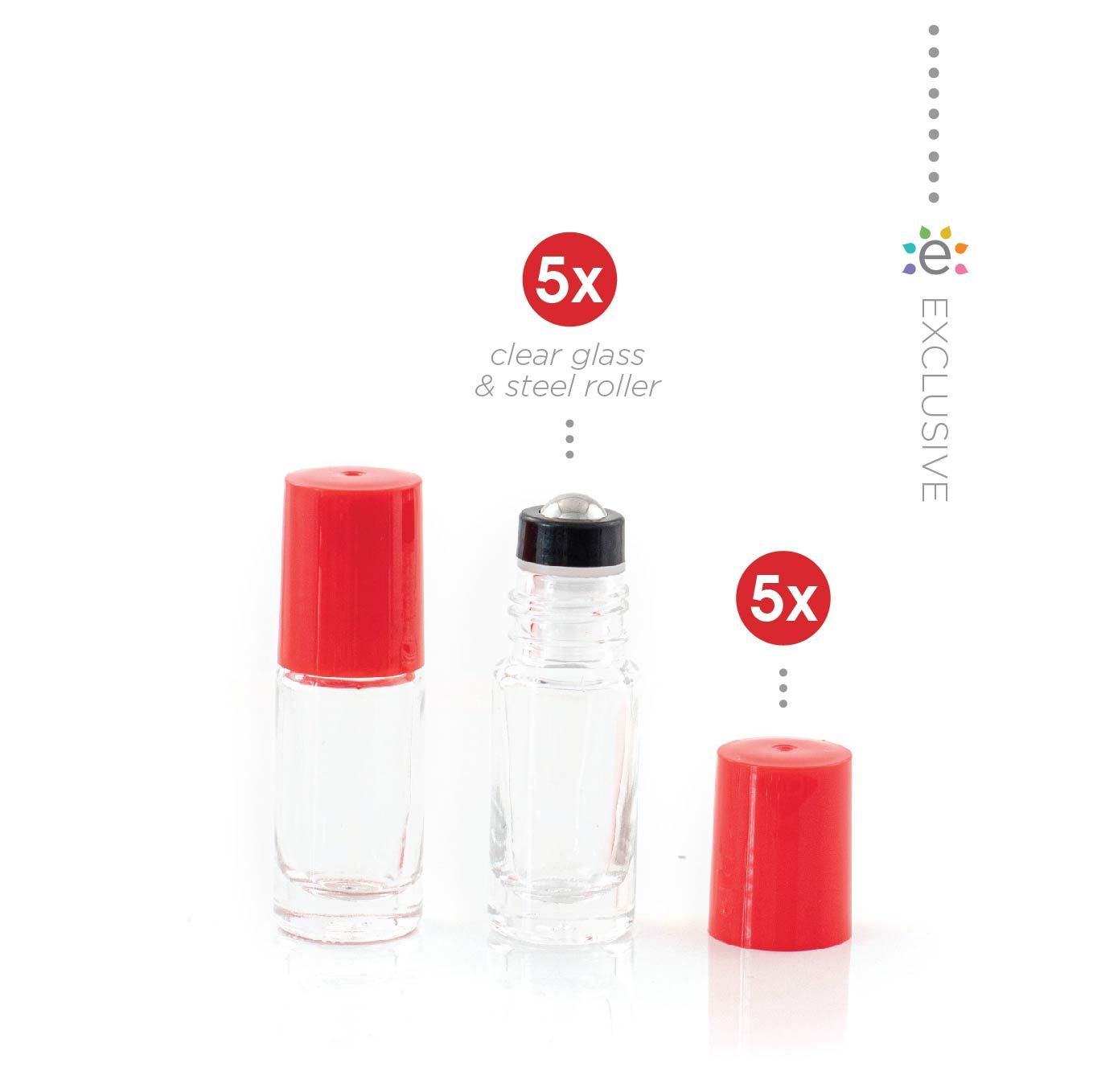 5 ml-es (5 darab) átlátszó üveghenger Rúzsos csók (Piros) kupakokkal és prémium rozsdamentes acélgolyókkal  (ÚJ STÍLUS)