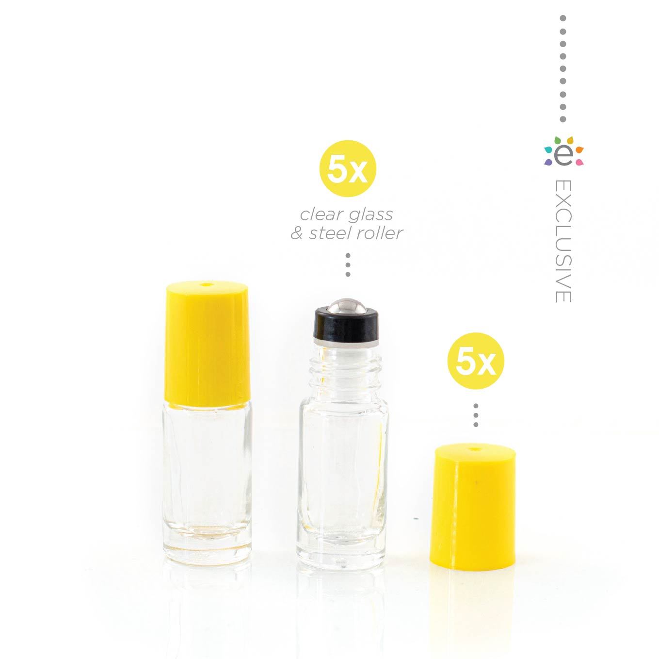 5 ml-es (5 darab) átlátszó üveghenger Konfetti (Sárga) kupakokkal és prémium rozsdamentes acélgolyókkal (ÚJ STÍLUS)