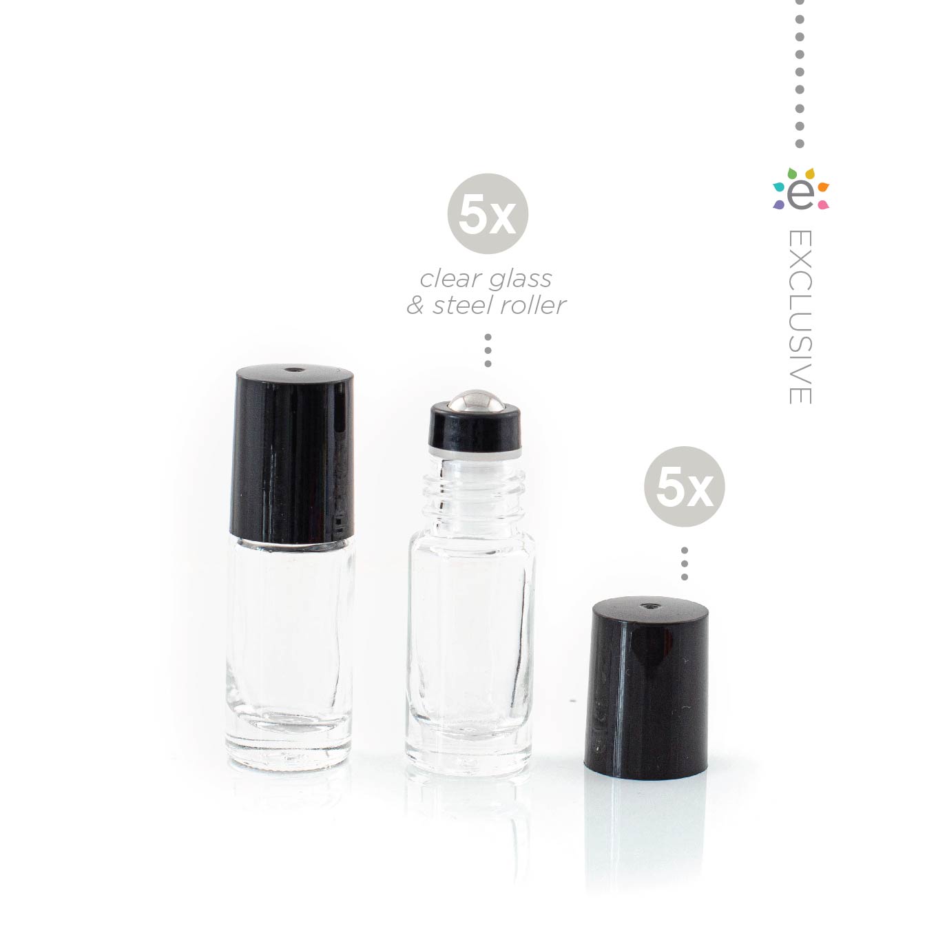 5 ml-es (5 darab) átlátszó üveghenger Éjszaka (Fekete) kupakokkal és prémium rozsdamentes acélgolyókkal (ÚJ STÍLUS)