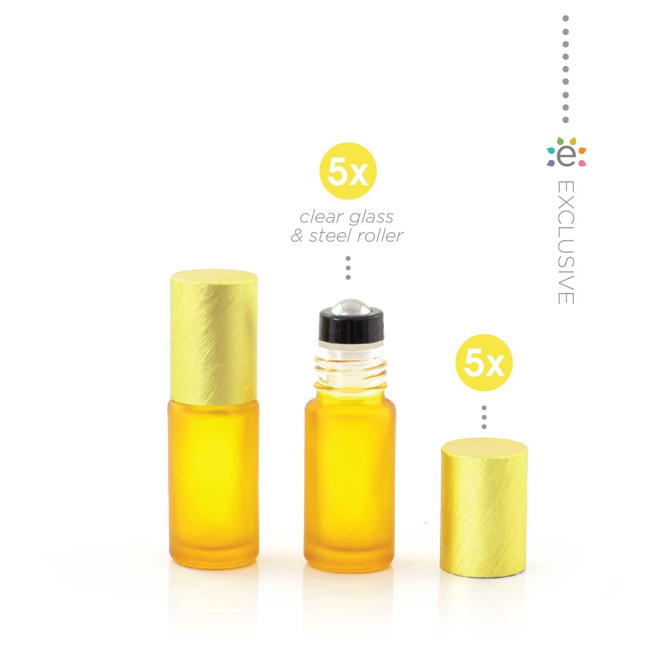 5 ml-es (5 darab) Deluxe sárga matt Roll-on üvegpalack, metál sárga fémkupakkal és prémium görgőkkel