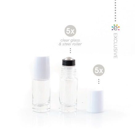 5 ml-es (5 darab) átlátszó üveghenger Hó (Fehér) kupakokkal és prémium rozsdamentes acélgolyókkal (ÚJ STÍLUS)
