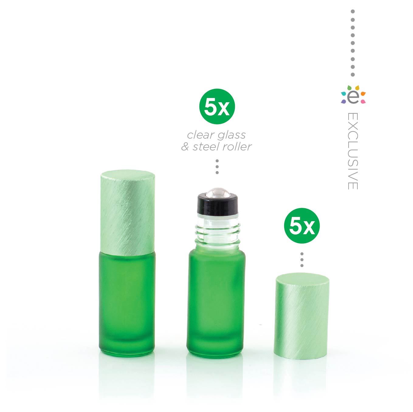 5 ml-es (5 darab) Deluxe zöld matt Roll-on üvegpalack, metál zöld fémkupakkal és prémium görgőkkel