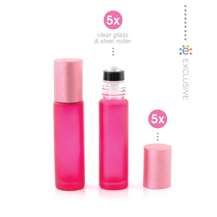 10 ml-es (5 db) Deluxe pink, matt Roll-on üvegpalack, metál rózsaszín fémkupakkal és prémium görgőkkel