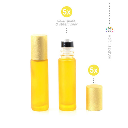 10 ml-es (5 darab) Deluxe sárga matt Roll-on üvegpalack, metál sárga fémkupakkal és prémium görgőkkel