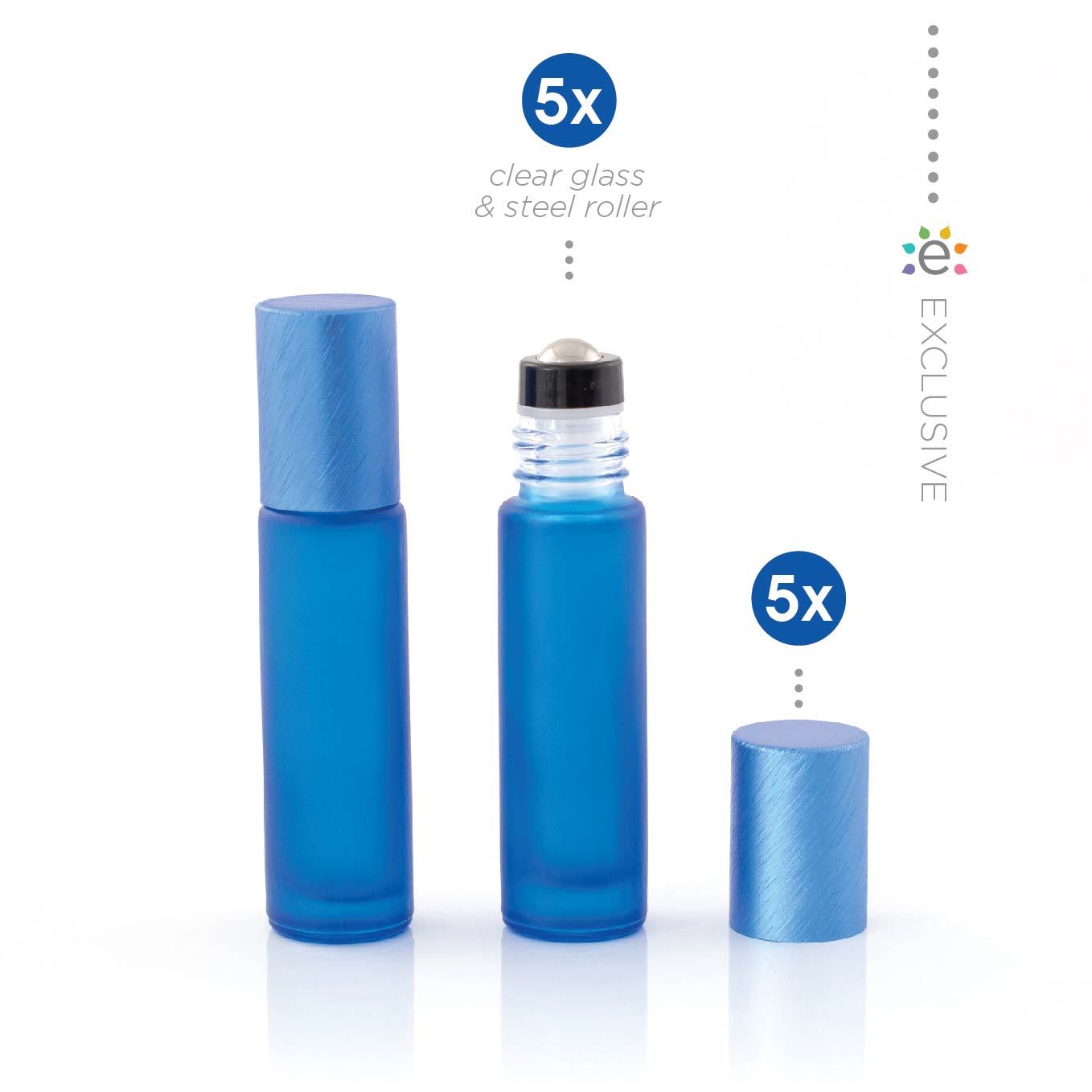 10 ml-es (5 darab) Deluxe kék matt Roll-on üvegpalack, metál kék fémkupakkal és prémium görgőkkel