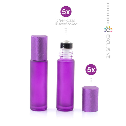 10 ml-es (5 db) Deluxe lila, matt Roll-on üvegpalack, metál lila fémkupakkal és prémium görgőkkel